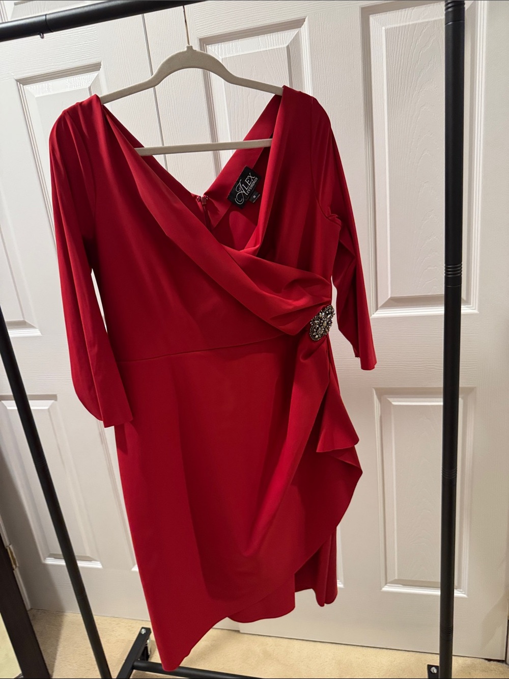 Alex Evenings Red Draped V-Neck 3/4 Sleeve Cocktail Dress with Brooch